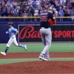 Red Sox pitcher Chris Martin reacts after giving up a home run.