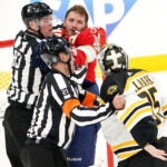 Boston Bruins goaltender Linus Ullmark (35) and Florida Panthers left wing Matthew Tkachuk (19) both received game misconducts after a skirmish at the end of the game. The Florida Panthers host the Boston Bruins in Game 4 of the Stanley Cup Playoffs on April 23, 2023 at FLA Live Arena in Sunrise, FL.