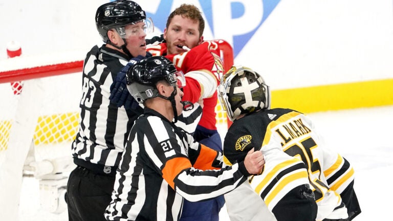 Boston Bruins goaltender Linus Ullmark (35) and Florida Panthers left wing Matthew Tkachuk (19) both received game misconducts after a skirmish at the end of the game. The Florida Panthers host the Boston Bruins in Game 4 of the Stanley Cup Playoffs on April 23, 2023 at FLA Live Arena in Sunrise, FL.