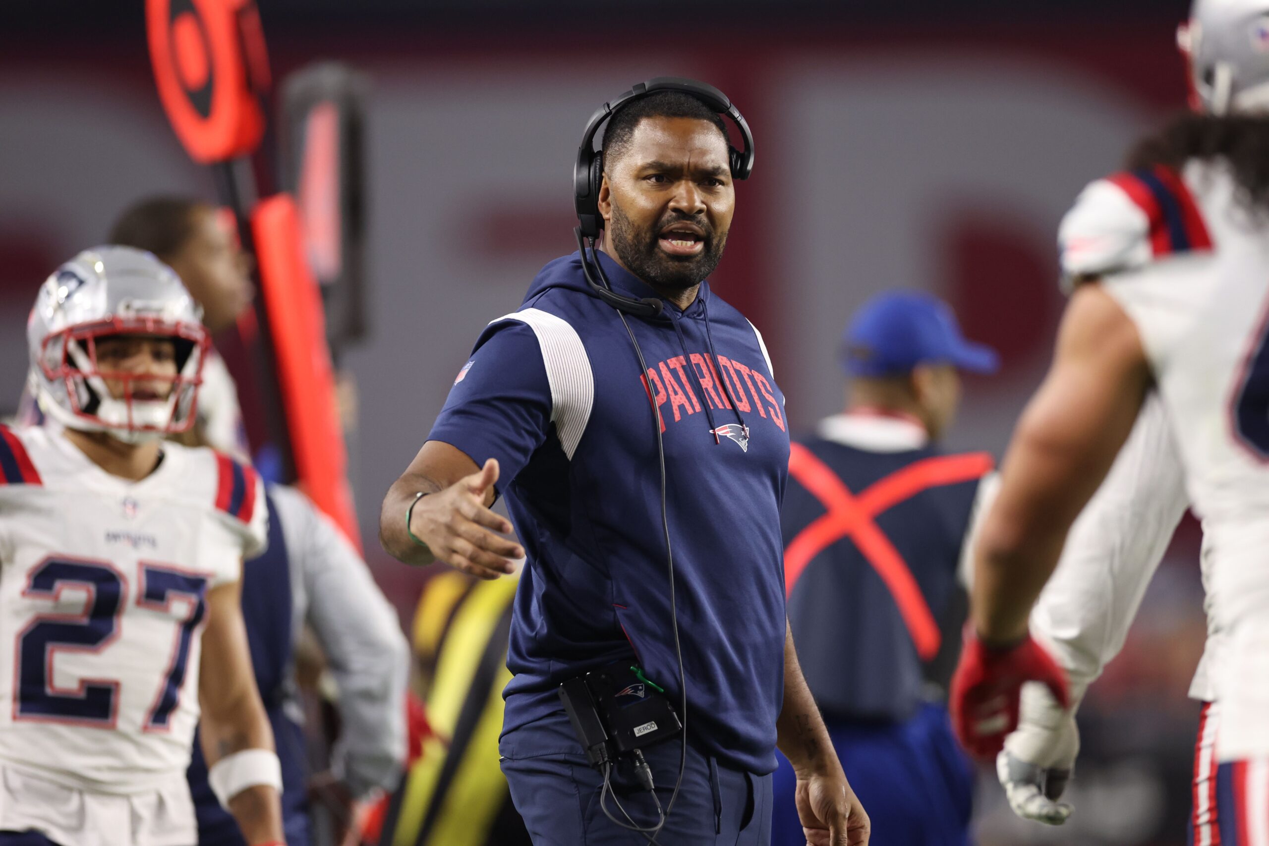 Coach Jerod Mayo of the New England Patriots during the NFL game at State Farm Stadium on December 12, 2022 in Glendale, Arizona. The Patriots defeated the Cardinals 27-13.