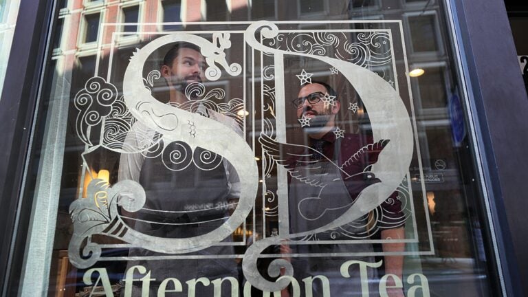 Patrick Brewster (left) and Lee Morgan are co-owners of the Silver Dove Afternoon Tea Room on Tremont Street.