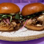 Jerk Jackfruit sliders from Comfort Kitchen in Dorchester. The image background is tinted purple.