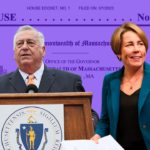 An image of Ron Mariano and an image of Maura Healey superimposed over a purple-tinted screenshot of the Governor's tax plan filing.