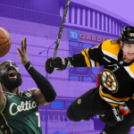 An image of Celtics player Jaylen Brown and Bruins player Tyler Bertuzzi superimposed over a purple-tinted picture of TD Garden. The B-Side.