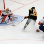 David Pastrnak cannot get the puck past Florida Panthers Spencer Knight