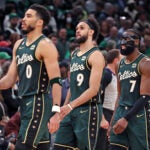 Celtics players Jayson Tatum, Derrick White, and Jaylen Brown.
