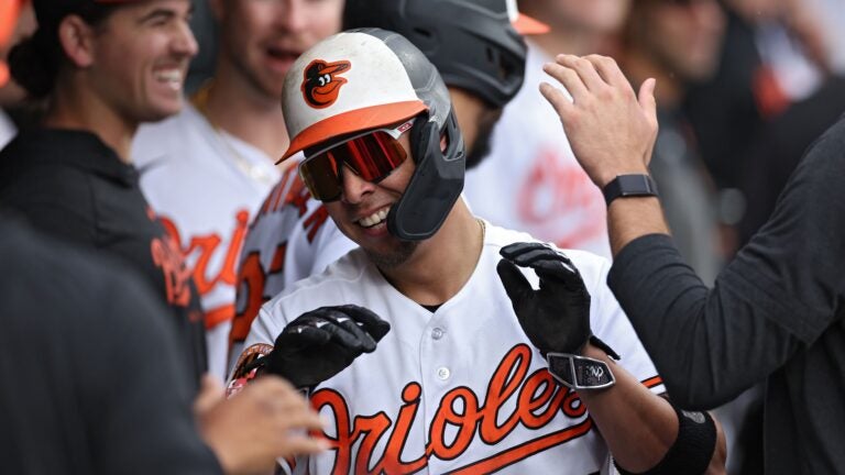 BALTIMORE, MD - APRIL 08: Baltimore Orioles third baseman Ramon Urias (29)  sprints down the first base line during the New York Yankees versus Baltimore  Orioles MLB game at Oriole Park at