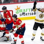 Boston Bruins center Charlie Coyle (13) celebrates his goal for a 2-0 lead during the second period. The Florida Panthers host the Boston Bruins in Game 3 of the Stanley Cup Playoffs on April 21, 2023 at FLA Live Arena in Sunrise, FL.