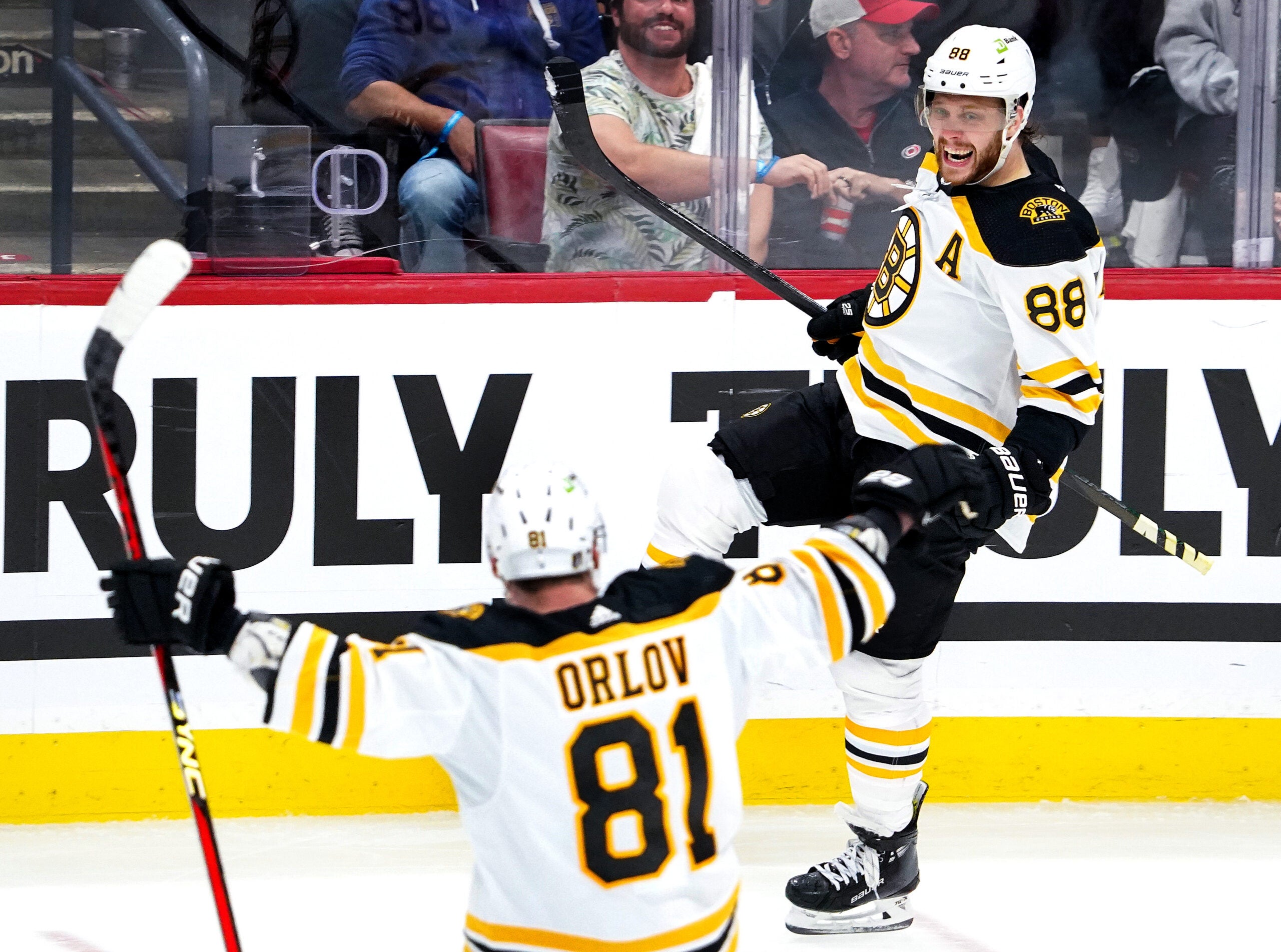 Boston Bruins right wing David Pastrnak (88) celebrates after his goal gave the Bruins a 3-0 lead in the third period. The Florida Panthers host the Boston Bruins in Game 3 of the Stanley Cup Playoffs on April 21, 2023 at FLA Live Arena in Sunrise, FL.