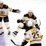 Boston Bruins left wing Tyler Bertuzzi (59)celebrates after he scores a goal during the third periodThe Florida Panthers host the Boston Bruins in Game 4 of the Stanley Cup Playoffs on April 23, 2023 at FLA Live Arena in Sunrise, FL.