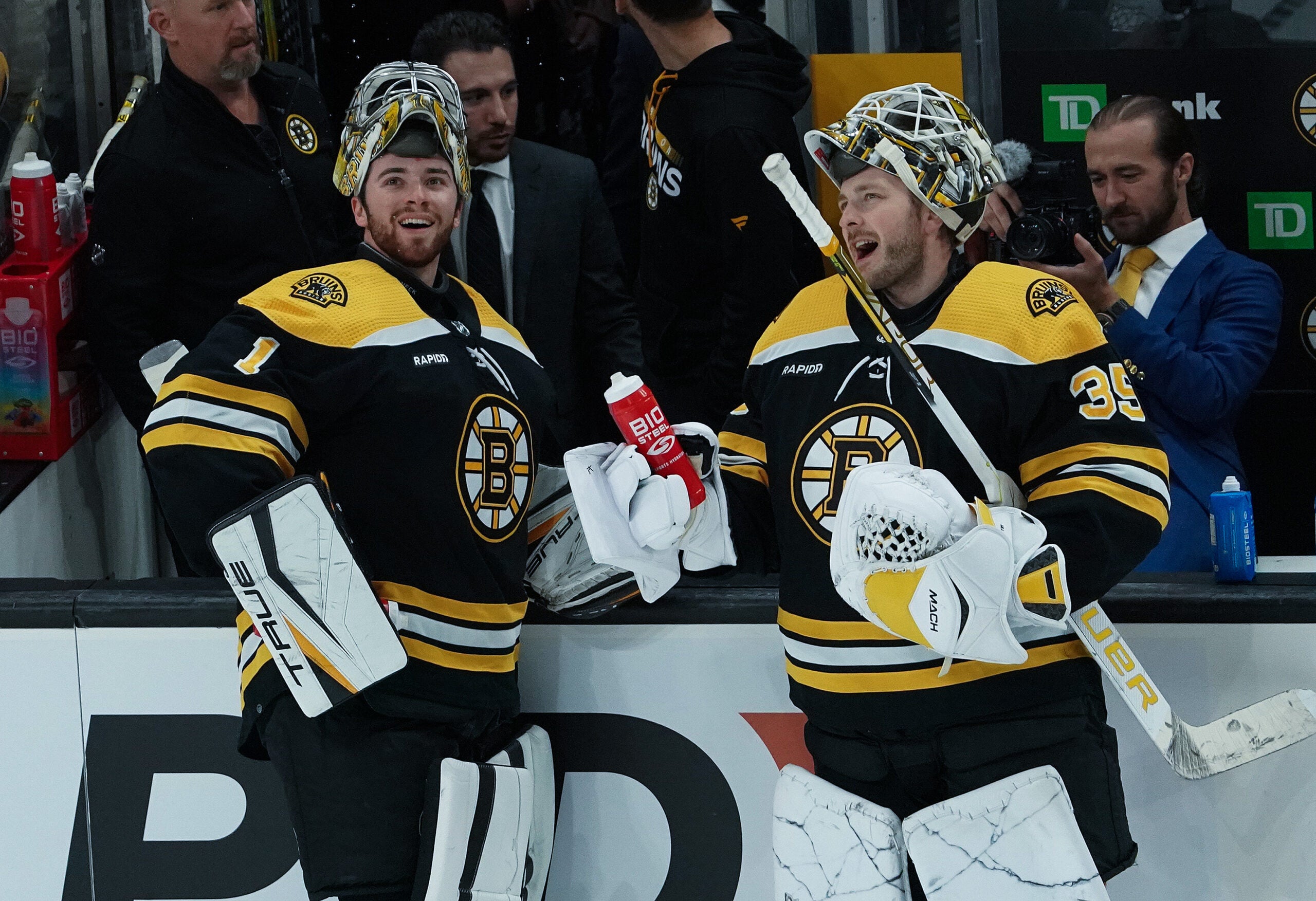 Boston Bruins goaltender Jeremy Swayman (1) and Boston Bruins goaltender Linus Ullmark (35) share a laugh during the pre game warmups. The Boston Bruins host the Arizona Coyotes in the season home opener on October 15, 2022 at TD Garden in Boston, MA.