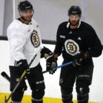 Boston Bruins center Patrice Bergeron (37) and Boston Bruins center David Krejci (46) during today's Boston Bruins practice.