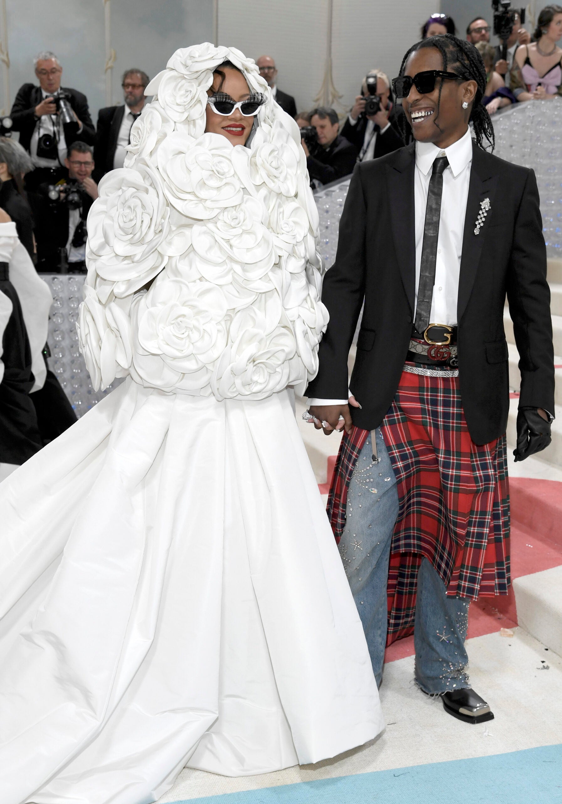 Rihanna, left, and A$AP Rocky attend The Metropolitan Museum of Art's Costume Institute benefit gala celebrating the opening of the "Karl Lagerfeld: A Line of Beauty" exhibition on Monday, May 1, 2023, in New York.