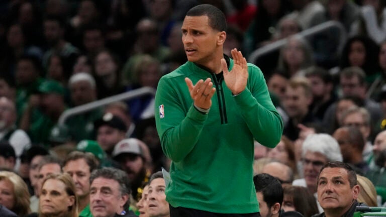 Boston Celtics head coach Joe Mazzulla during Game 2 in the NBA basketball Eastern Conference semifinals playoff series, Wednesday, May 3, 2023, in Boston.