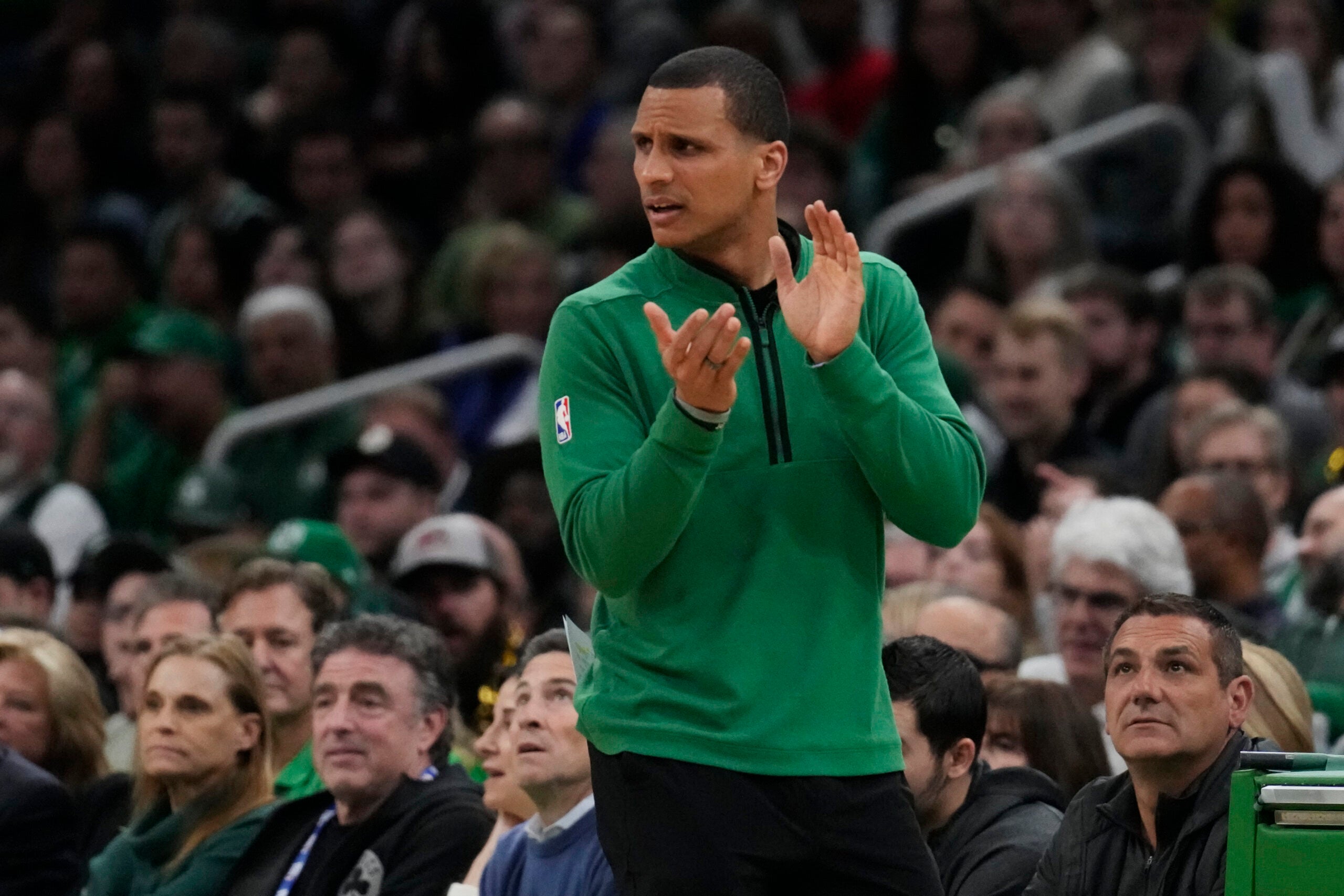 Boston Celtics head coach Joe Mazzulla during Game 2 in the NBA basketball Eastern Conference semifinals playoff series, Wednesday, May 3, 2023, in Boston.