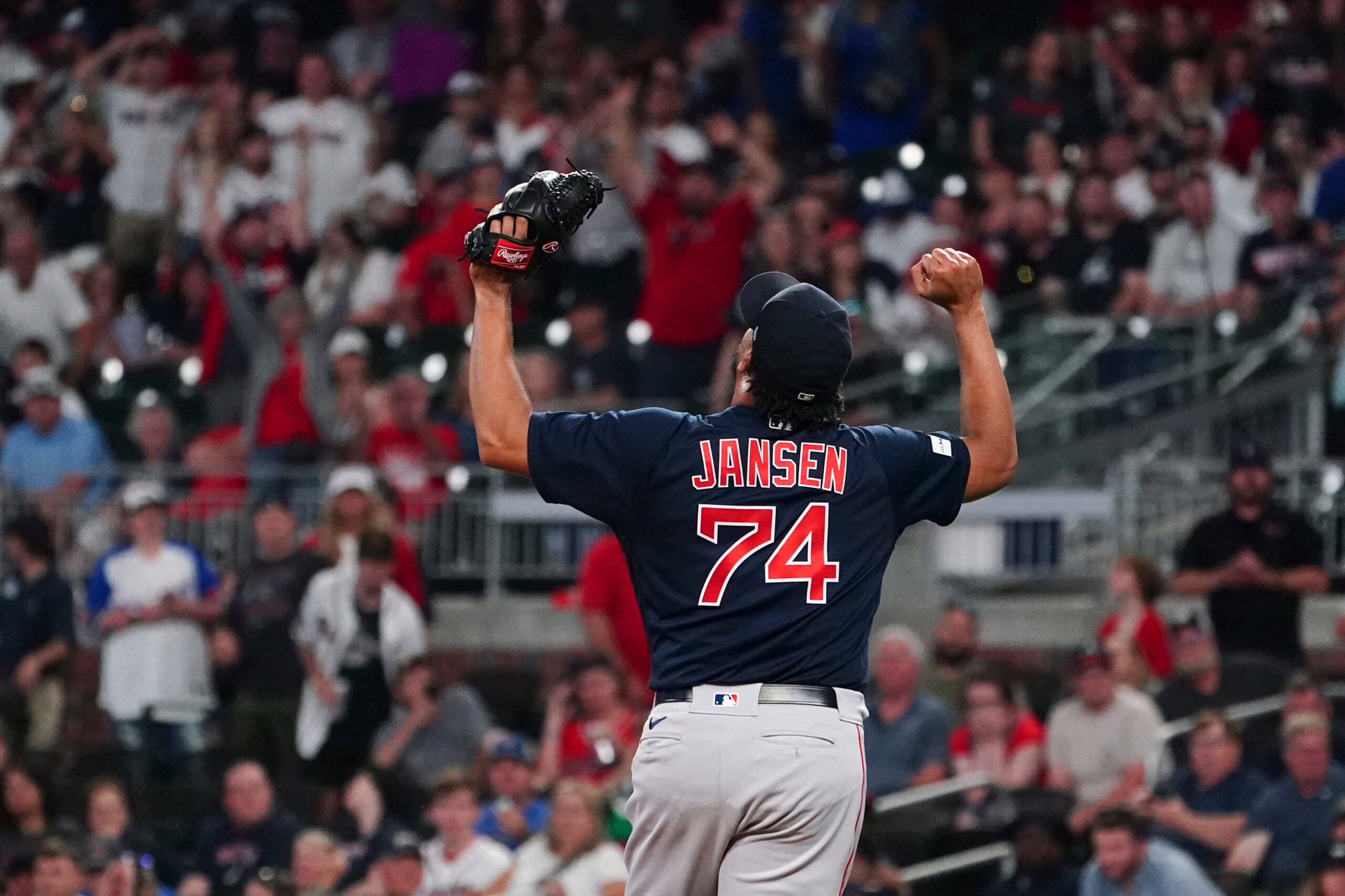Red Sox closer Kenley Jansen gestures after earning his 400th career save in the team's win over the Atlanta Braves Wednesday night in Atlanta.