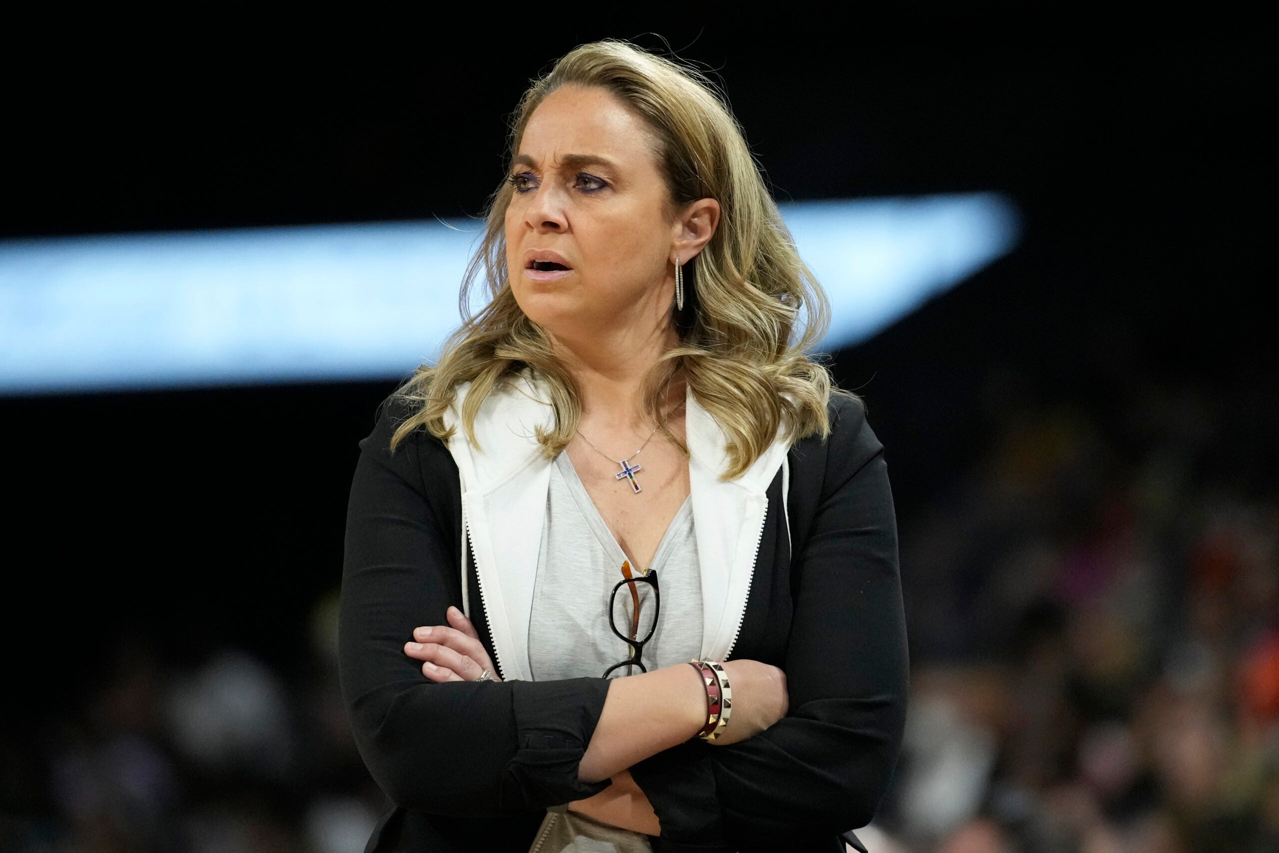 Las Vegas Aces head coach Becky Hammon looks on during a WNBA game against the Dallas Wings.