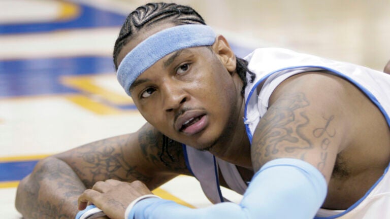 Denver Nuggets forward Carmelo Anthony looks up from the floor after getting called for a foul in the fourth quarter of game 3 of the NBA Western Conference playoff series against the San Antonio Spurs in Denver on April 28, 2007.