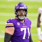 Minnesota Vikings offensive tackle Riley Reiff (71) looks on in the first quarter during an NFL football game against the Chicago Bears.