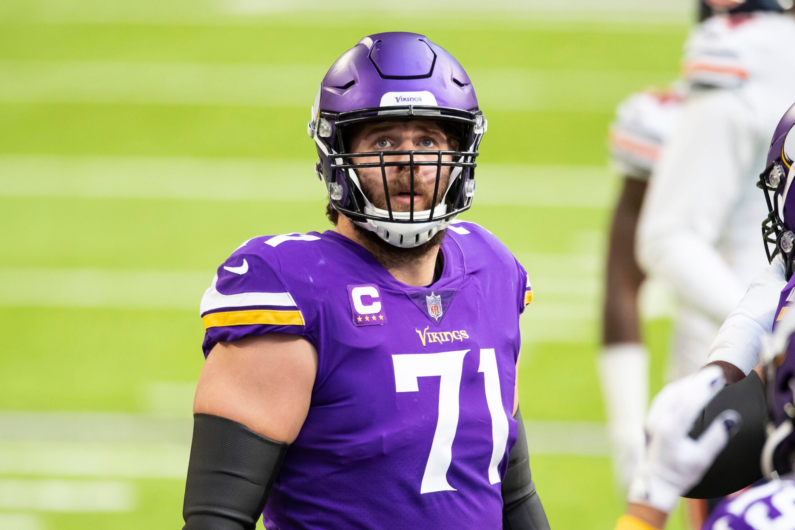 Minnesota Vikings offensive tackle Riley Reiff (71) looks on in the first quarter during an NFL football game against the Chicago Bears.