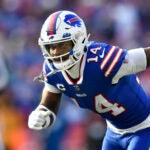 Buffalo Bills wide receiver Stefon Diggs (14) runs a route during the first half of an NFL wild-card playoff football game against the Miami Dolphins.