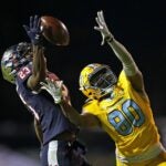 Isaiah Bolden #23 of the Jackson State Tigers breaks up a pass during the second half of the game against Tyler Kirkwood #80 of the Southern University Jaguars in the SWAC Championship at Mississippi Veterans Memorial Stadium on December 03, 2022 in Jackson, Mississippi.