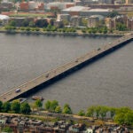 Boston weather -- The Massachusetts Avenue Bridge as seen from View Boston, the viewing platform on the upper floors of the Prudential tower.