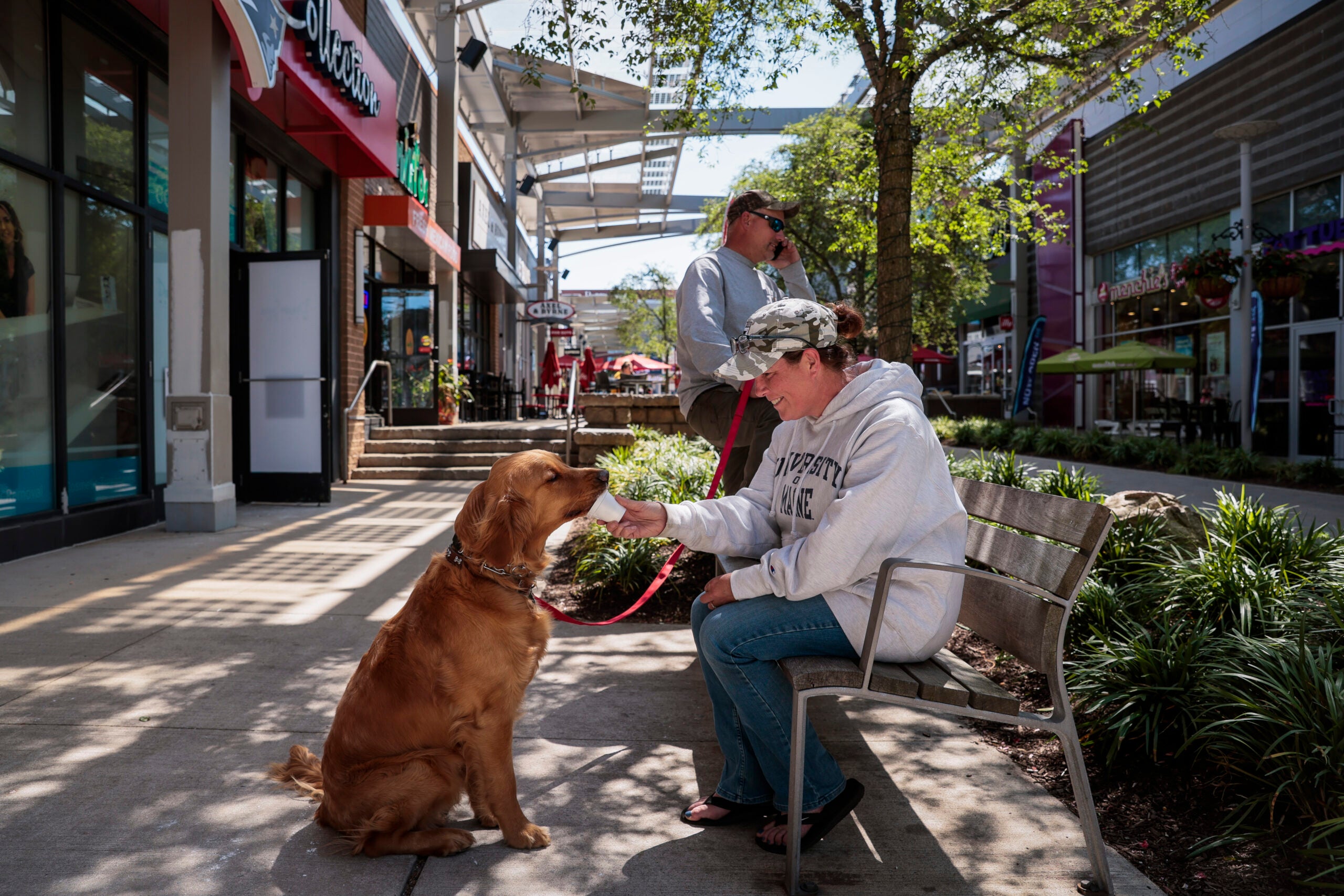 Boston weather -- Sterling the Golden Retriever enjoys some ice cream with his mom Jen Doliber as they spend the afternoon at Patriot Place shopping mall.