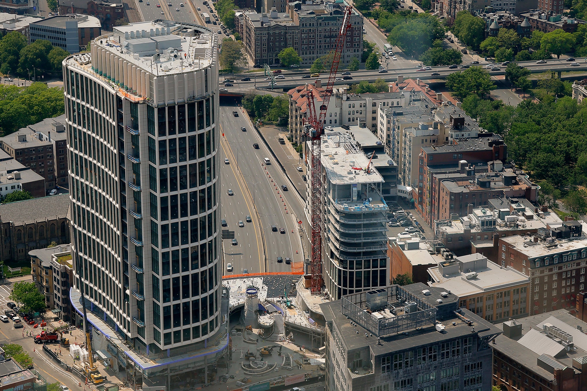 New towers built over the Massachusetts Turnpike as seen from View Boston, the viewing platform on the upper floors of the Prudential tower.