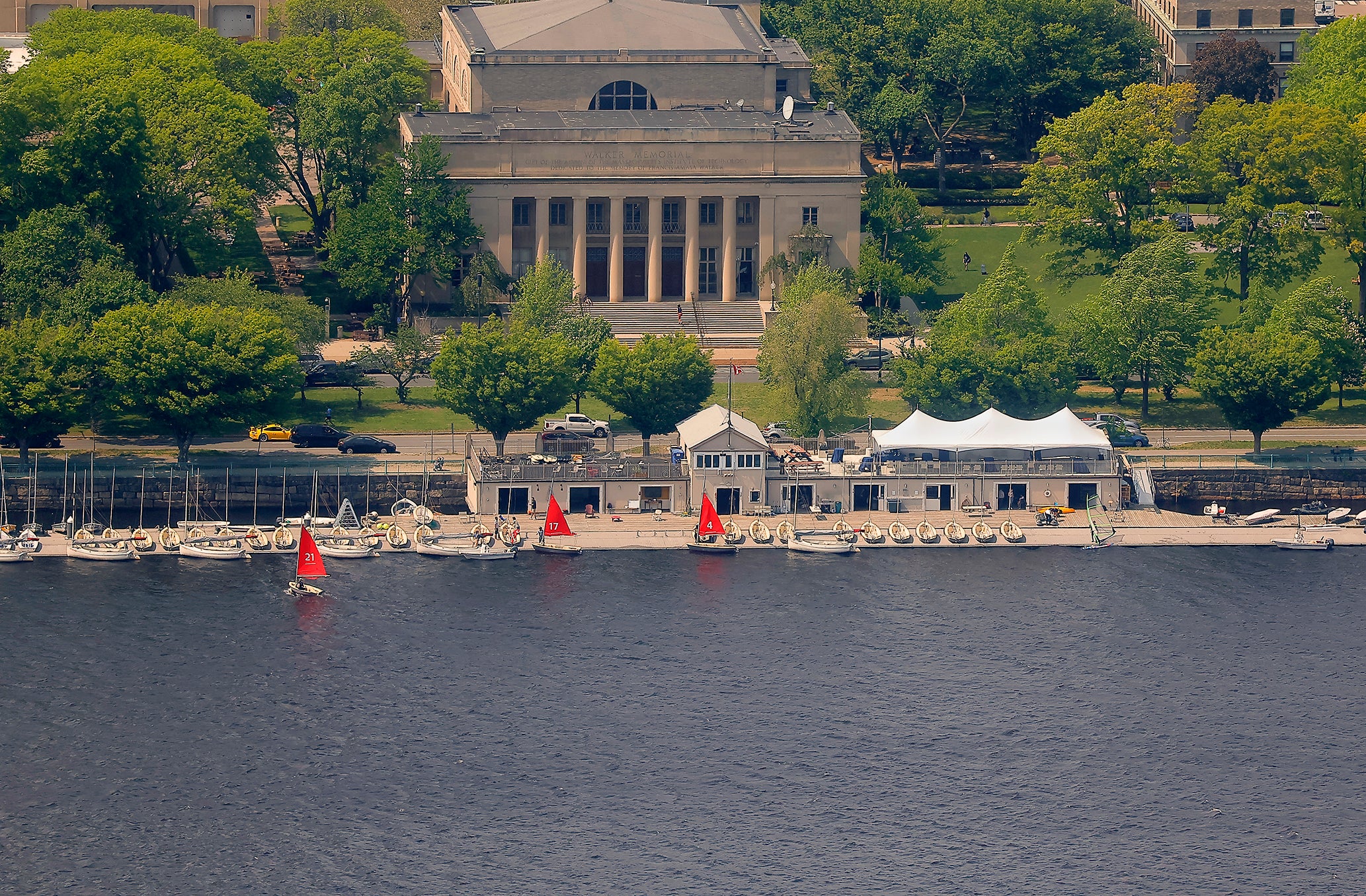 Boston weather -- The Walker Memorial and MIT Sailing Pavilion on the Charles River