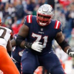 New England Patriots guard Mike Onwenu during an NFL football game against the Cleveland Browns at Gillette Stadium, Sunday, Nov. 14, 2021 in Foxborough, Mass.