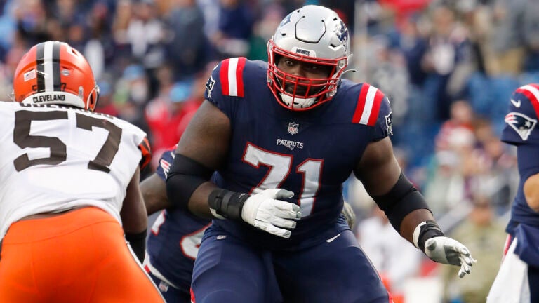 New England Patriots guard Mike Onwenu during an NFL football game against the Cleveland Browns at Gillette Stadium, Sunday, Nov. 14, 2021 in Foxborough, Mass.