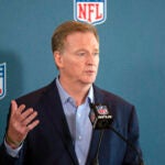 NFL Commissioner Roger Goodell addresses the media at the NFL Owners Meetings at the Omni Hotel.