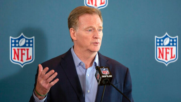 NFL Commissioner Roger Goodell addresses the media at the NFL Owners Meetings at the Omni Hotel.