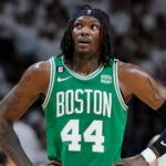 Boston Celtics center Robert Williams III (44) looks up during Game 4 of the NBA basketball playoffs Eastern Conference finals against the Miami Heat, Tuesday, May 23, 2023, in Miami.