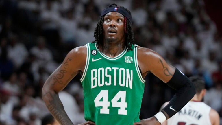 Boston Celtics center Robert Williams III (44) looks up during Game 4 of the NBA basketball playoffs Eastern Conference finals against the Miami Heat, Tuesday, May 23, 2023, in Miami.