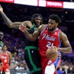 Joel Embiid #21 of the Philadelphia 76ers drives to the basket against Robert Williams III #44 of the Boston Celtics during the third quarter in game three of the Eastern Conference Second Round Playoffs at Wells Fargo Center on May 05, 2023 in Philadelphia, Pennsylvania.
