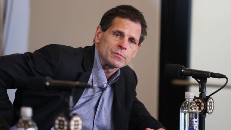 General Manager of the Boston Bruins Don Sweeney talks to reporters during Media Day at Warrior Arena.