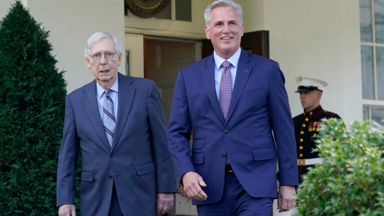 Debt ceiling -- FILE - House Speaker Kevin McCarthy of Calif. and Senate Minority Leader Mitch McConnell of Ky.