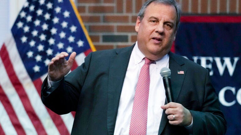 FILE - Former New Jersey Gov. Chris Christie addresses a gathering during a town hall style meeting at New England College, April 20, 2023, in Henniker, N.H.