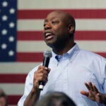 Sen. Tim Scott, R-S.C., speaks during a town hall, May 8, 2023, in Manchester, N.H.