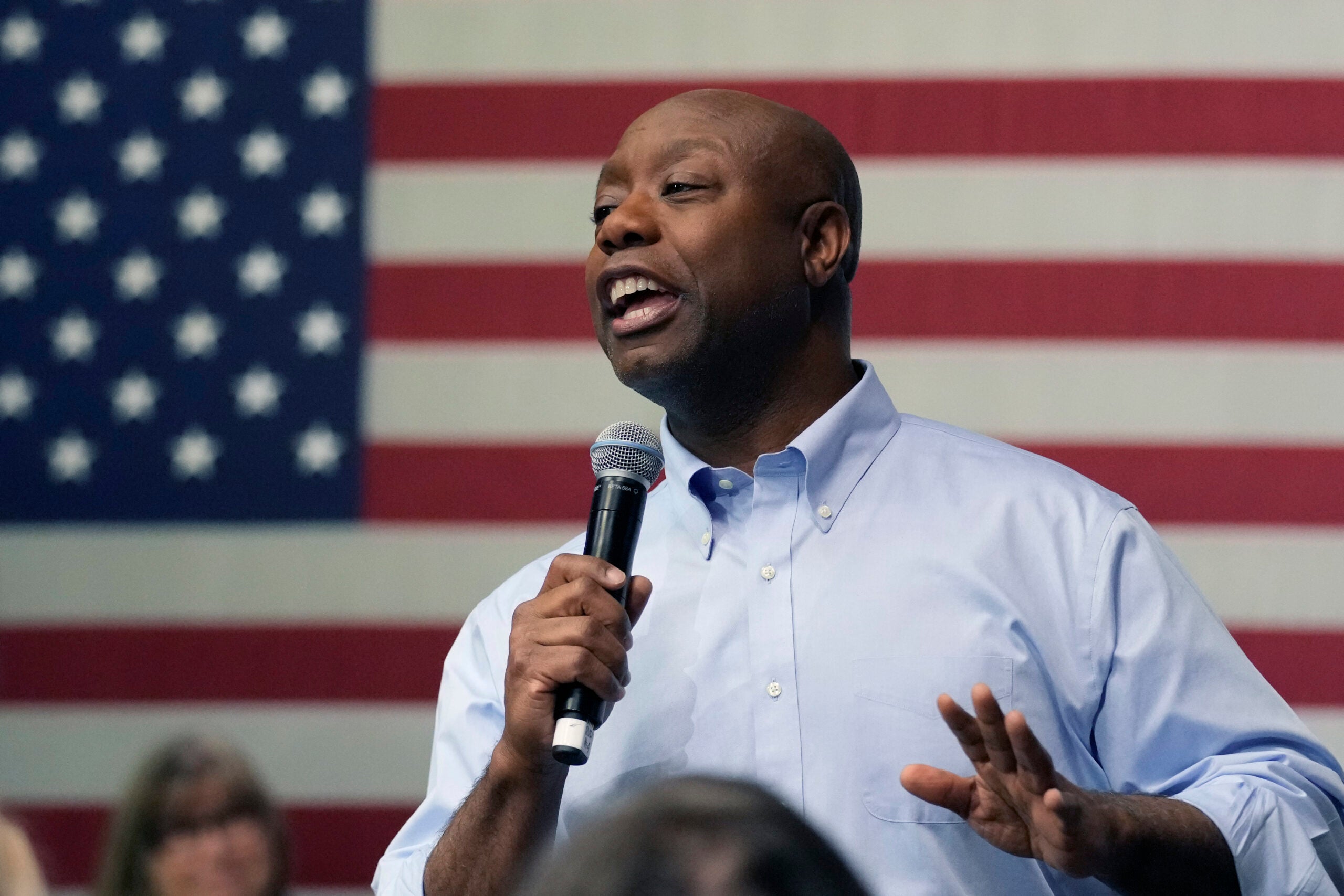 Sen. Tim Scott, R-S.C., speaks during a town hall, May 8, 2023, in Manchester, N.H.