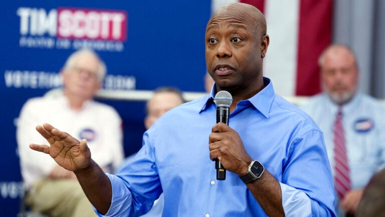 FILE - Sen. Tim Scott, R-S.C., speaks at a town hall, Sunday, April 30, 2023, in Charleston, S.C.