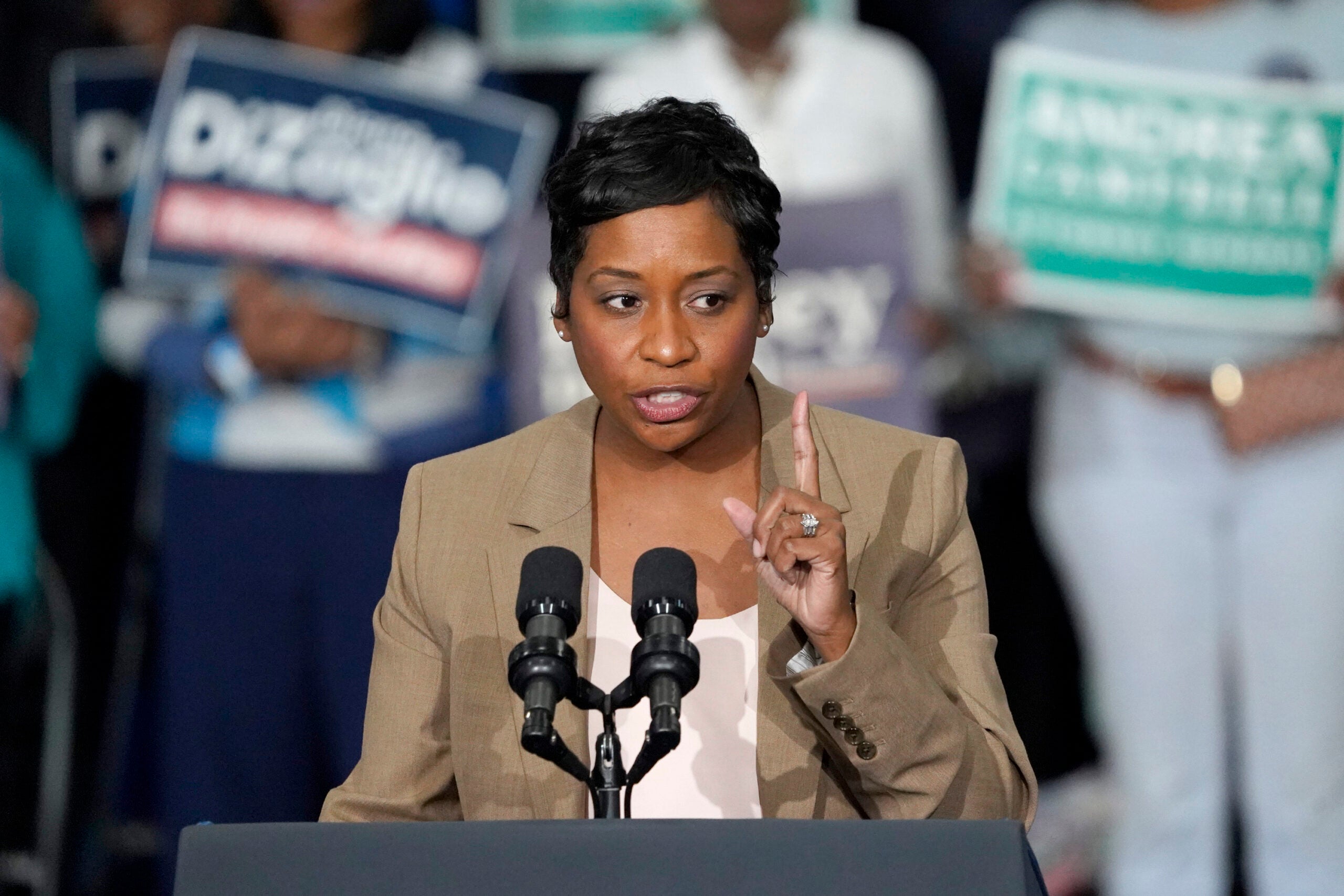 Massachusetts Attorney General nominee Andrea Campbell speaks Nov. 2, 2022, during a campaign rally in Boston.