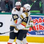 Vegas Golden Knights center William Karlsson (71) celebrates with right wing Michael Amadio (22) after Karlsson's goal during the third period of Game 6.