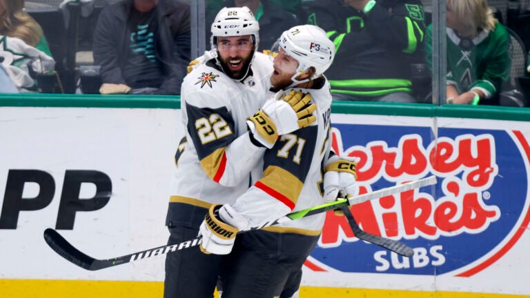 Vegas Golden Knights center William Karlsson (71) celebrates with right wing Michael Amadio (22) after Karlsson's goal during the third period of Game 6.