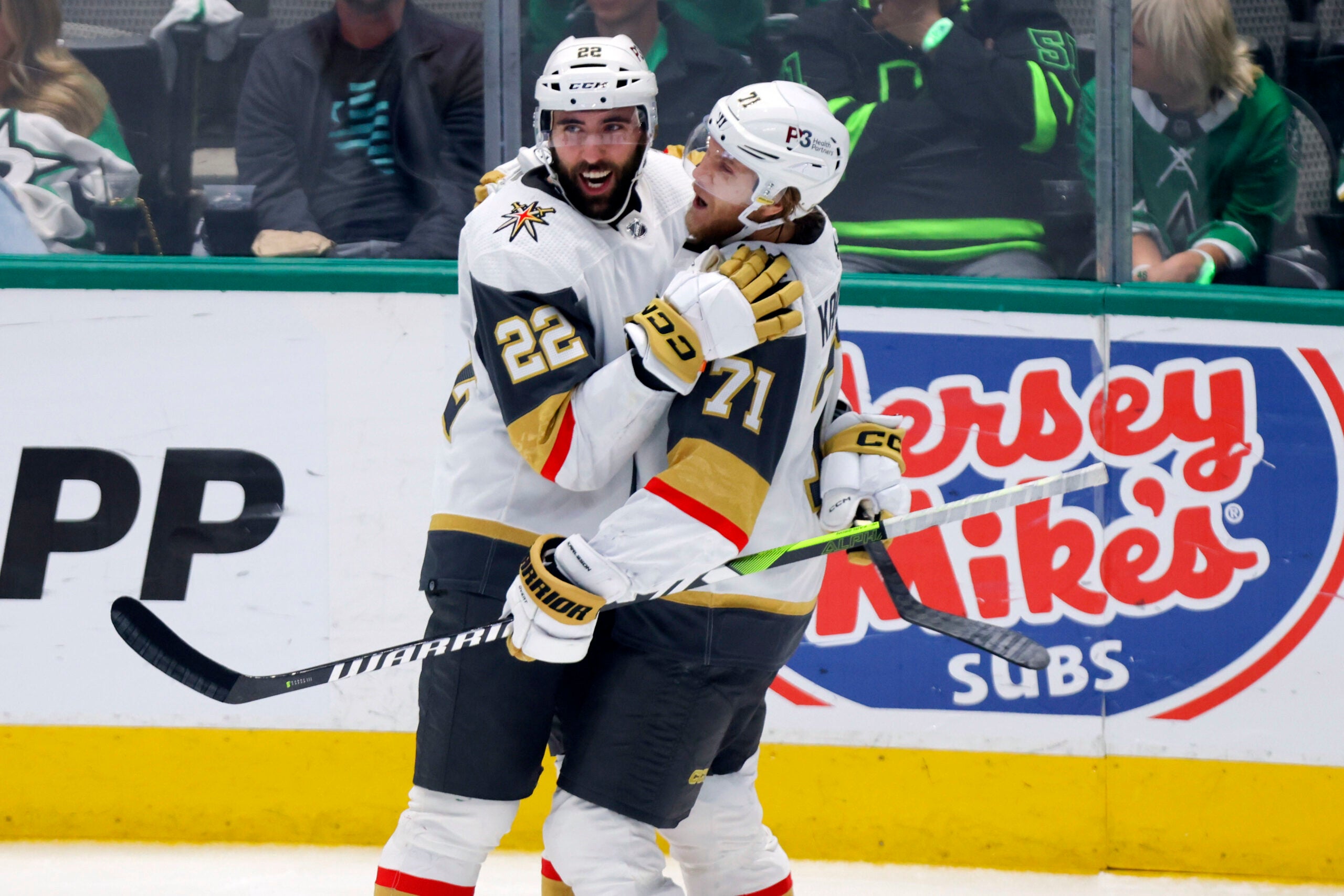 Vegas Golden Knights center William Karlsson (71) celebrates with right wing Michael Amadio (22) after Karlsson's goal during the third period of Game 6.