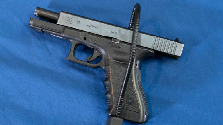 Displayed is a Glock 17 pistol fitted a with a cable style gun lock in Philadelphia.