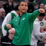 Boston Celtics head coach Joe Mazzulla calls to players during the first half against the Atlanta Hawks in Game 5 in a first-round NBA basketball playoff seriesTuesday, April 25, 2023, in Boston.