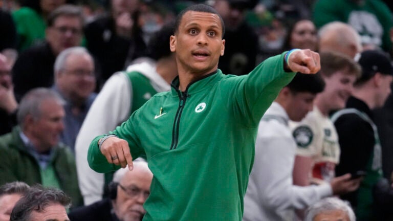 Boston Celtics head coach Joe Mazzulla calls to players during the first half against the Atlanta Hawks in Game 5 in a first-round NBA basketball playoff seriesTuesday, April 25, 2023, in Boston.